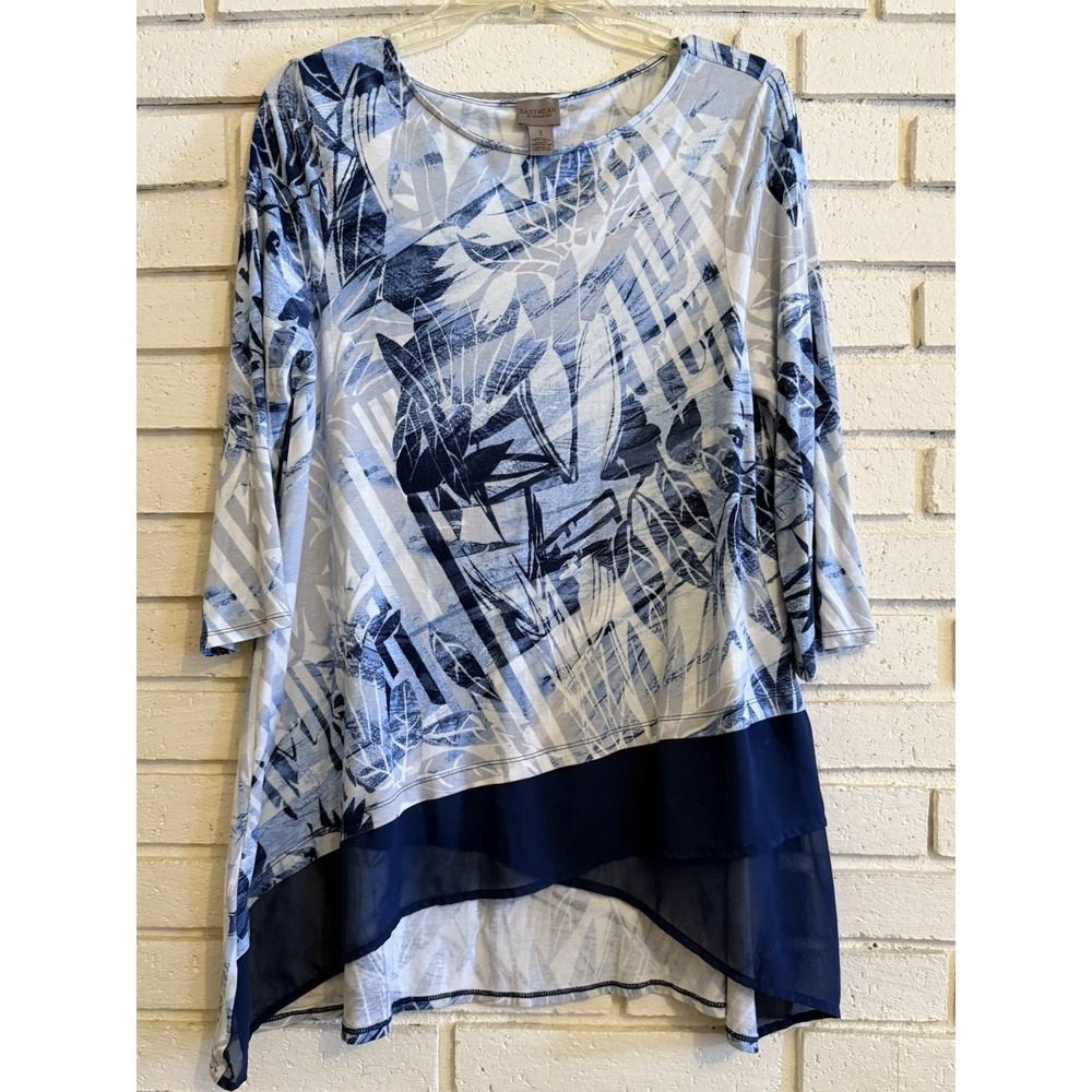 Chico's 1  Asymmetrical Tunic 3/4‎ Sleeve Tee Top Blue Navy Size Med.  Boho